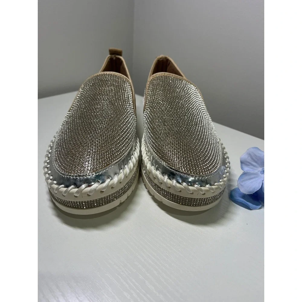 Silver Rhinestone Slip On‎ Platform Sneakers Bling Loafers Whipstitch